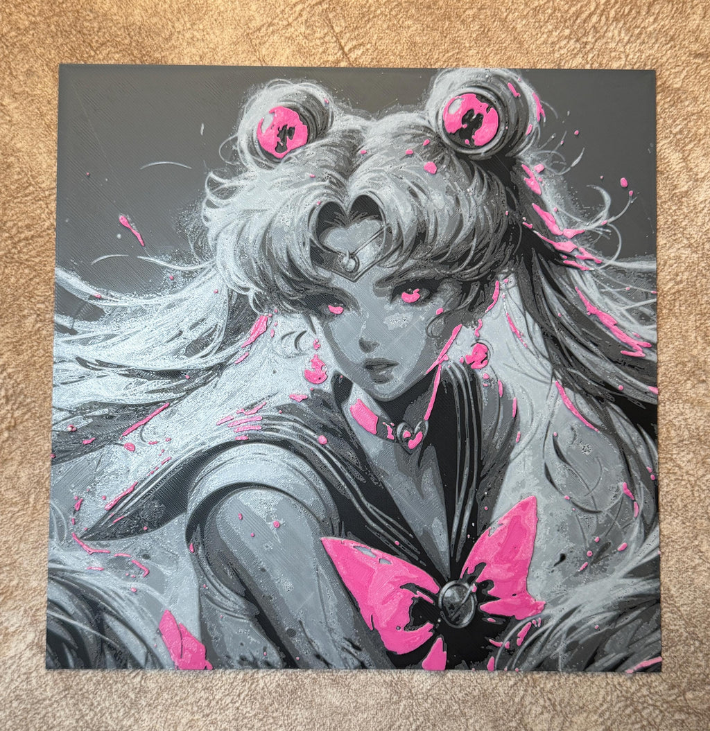 3D Printed Anime Moon Warrior Wall Art | Pink Fantasy Character Decor, Gamer Room Print