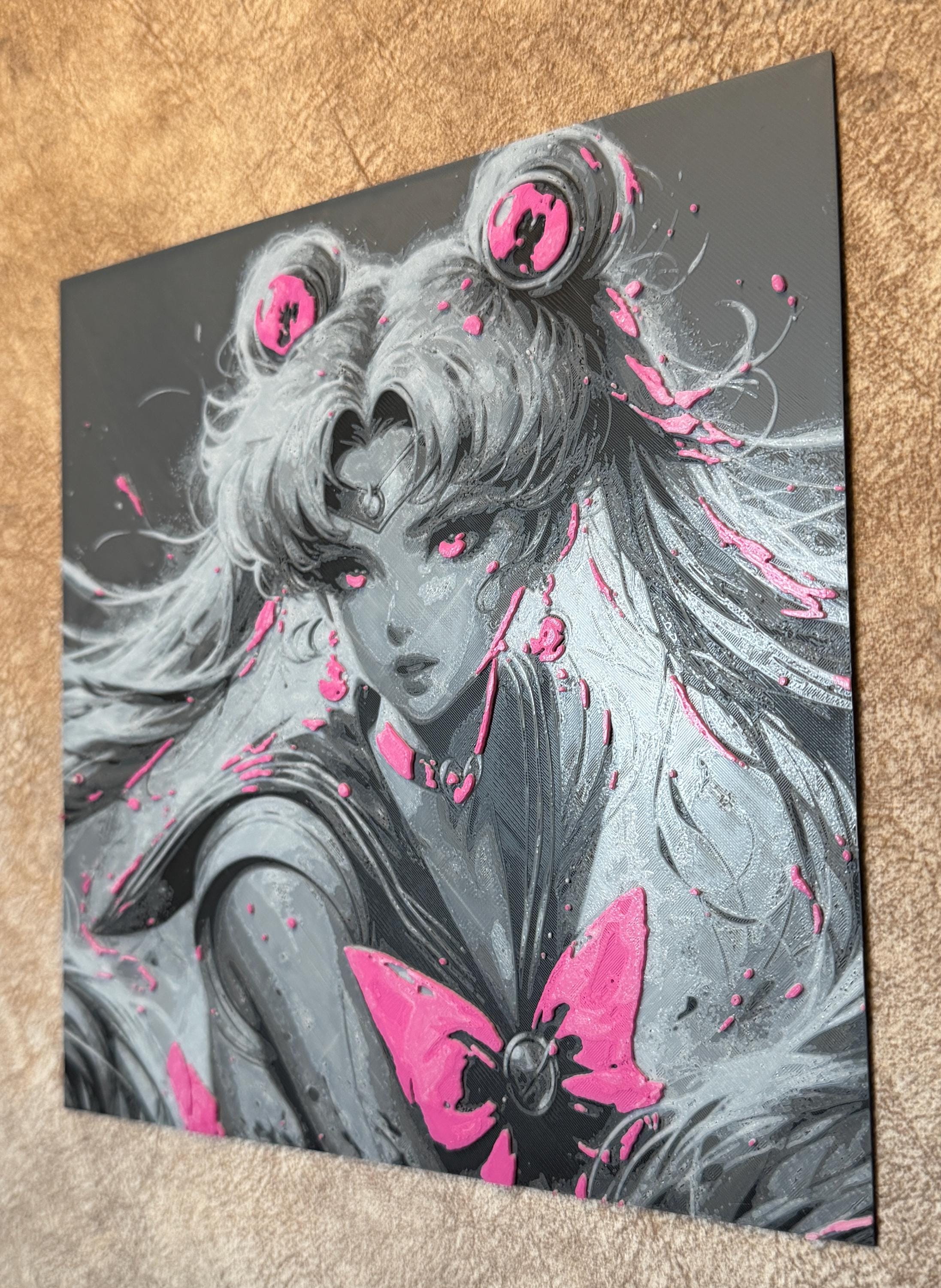 3D Printed Anime Moon Warrior Wall Art | Pink Fantasy Character Decor, Gamer Room Print