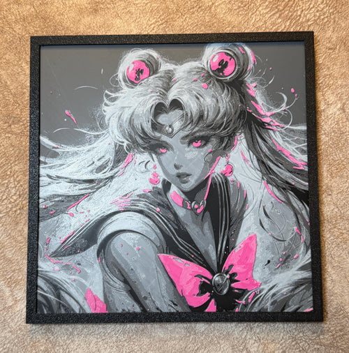 3D Printed Anime Moon Warrior Wall Art | Pink Fantasy Character Decor, Gamer Room Print
