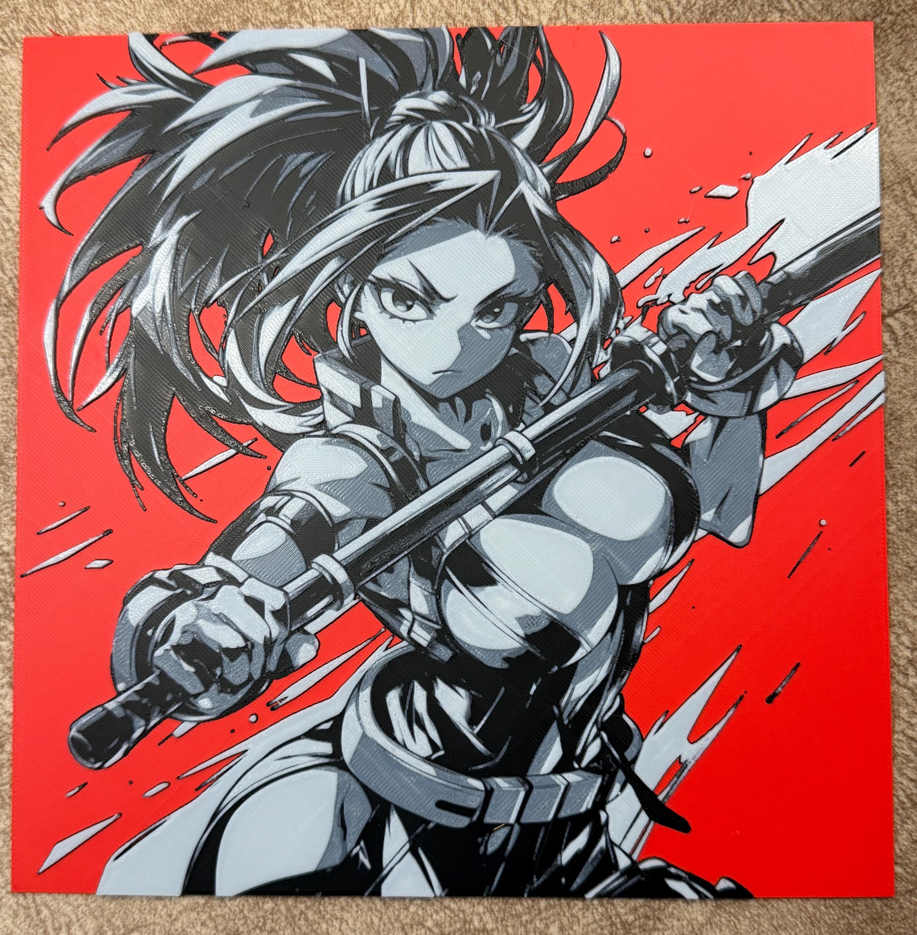 Anime Warrior 3D Print | Red Black Manga Wall Art | Female Fighter Gamer Decor