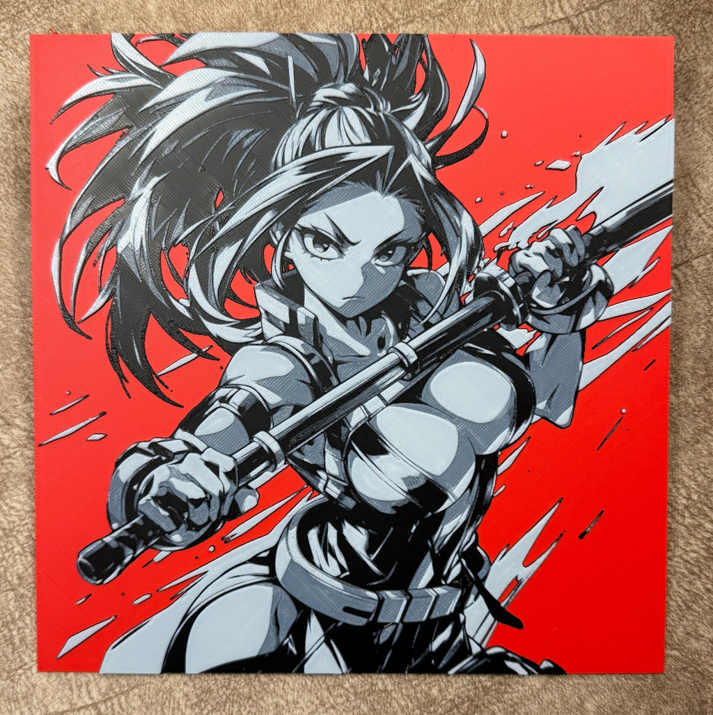 Anime Warrior 3D Print | Red Black Manga Wall Art | Female Fighter Gamer Decor