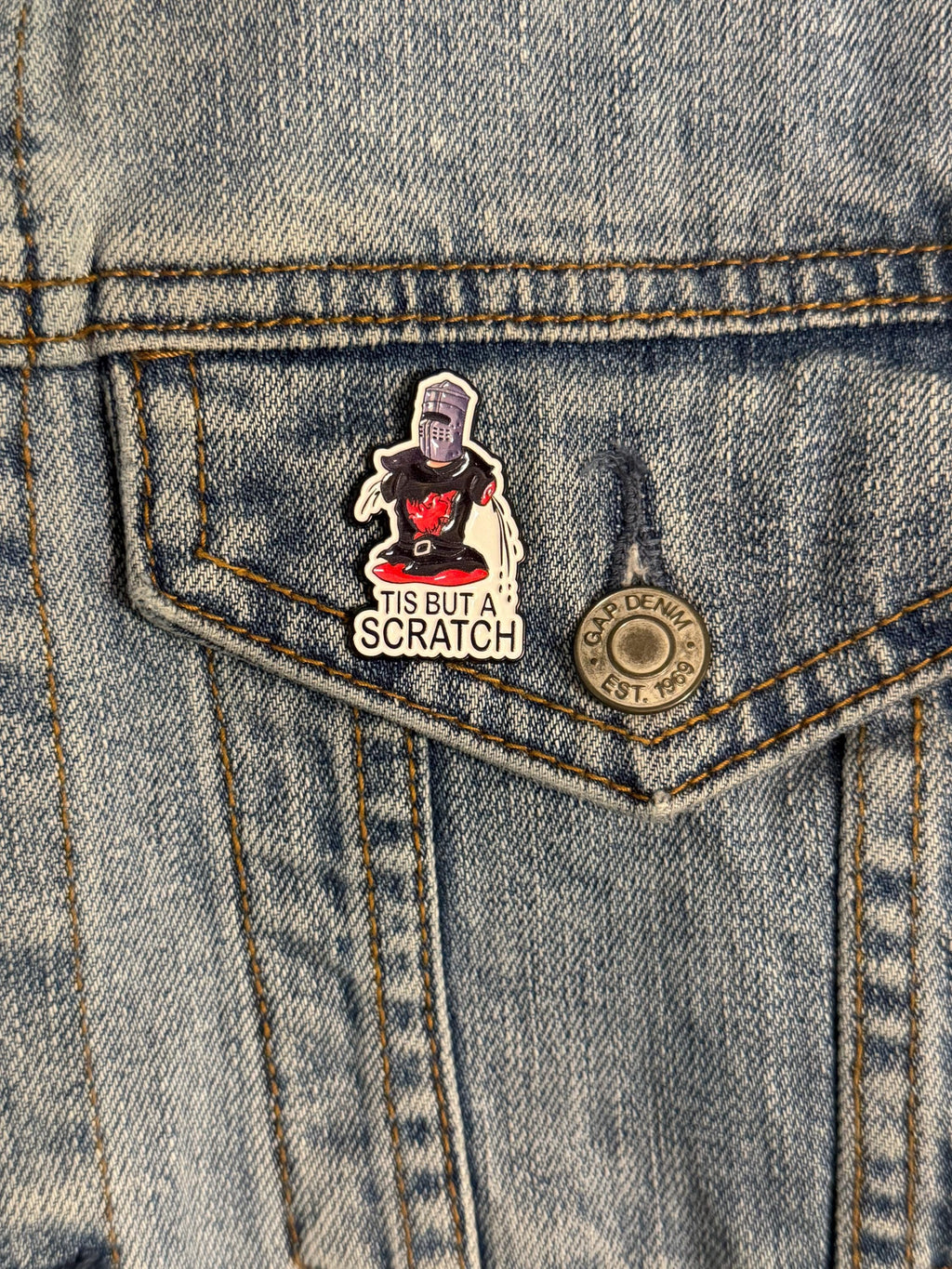 Enamel Pin “Tis But a Scratch” | Funny Black Knight Quote Brooch | Medieval Humor Meme Pin